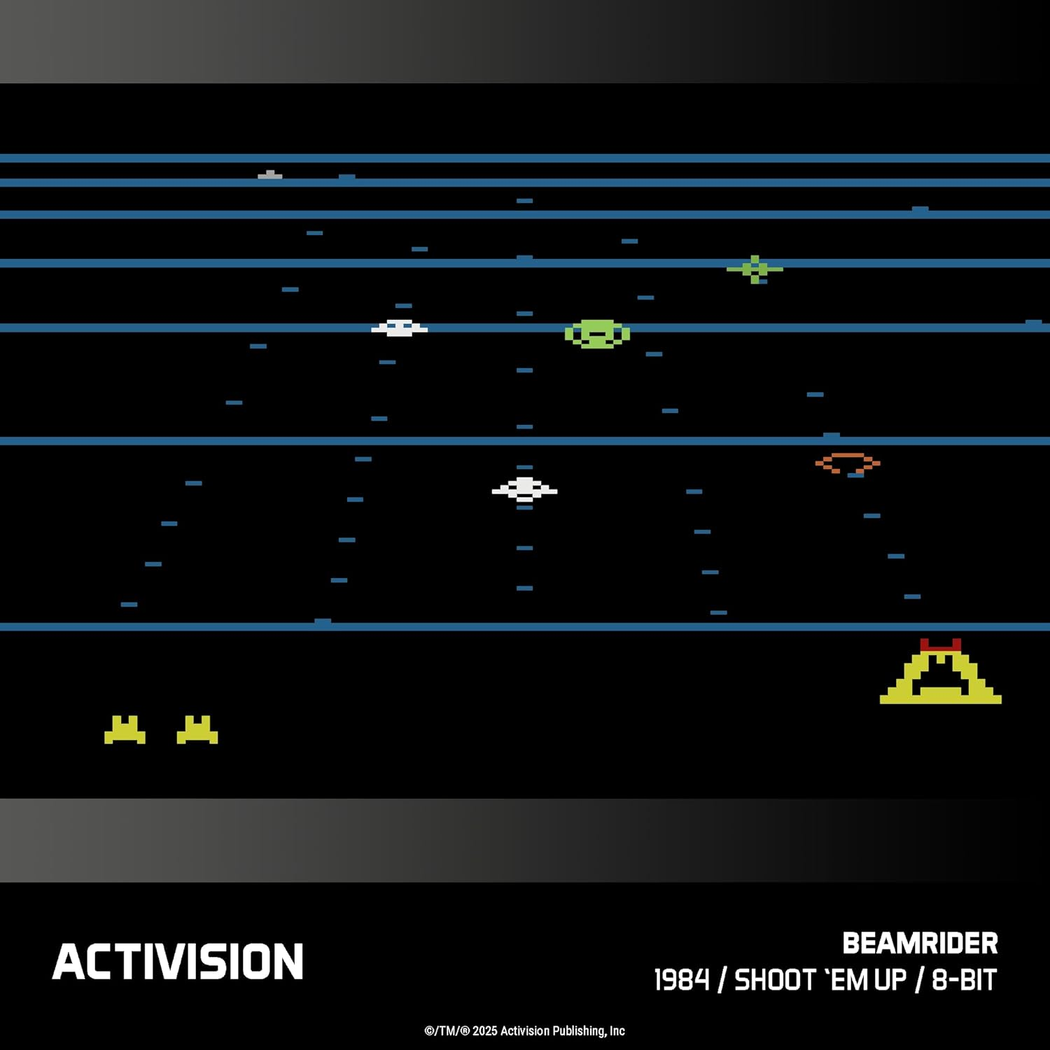 Écran de jeu vidéo rétro. Vaisseaux spatiaux volant. Texte : Beamrider, 1984, Shoot 'em up, 8 bits. Logo Activision.