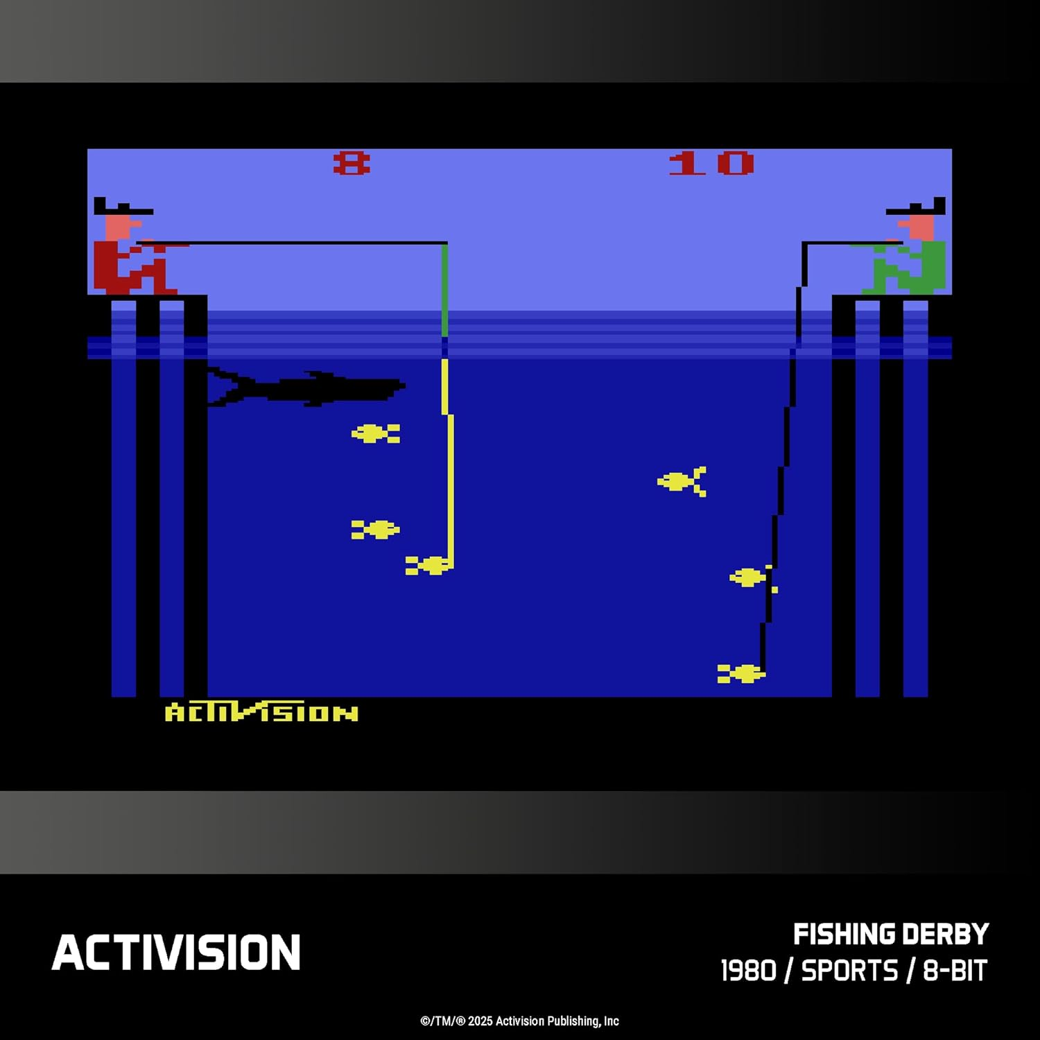Un jeu de pêche 8 bits. Deux pêcheurs sur des quais pêchent dans de l'eau bleue avec des poissons et un requin. Les scores 8 et 10 sont visibles.