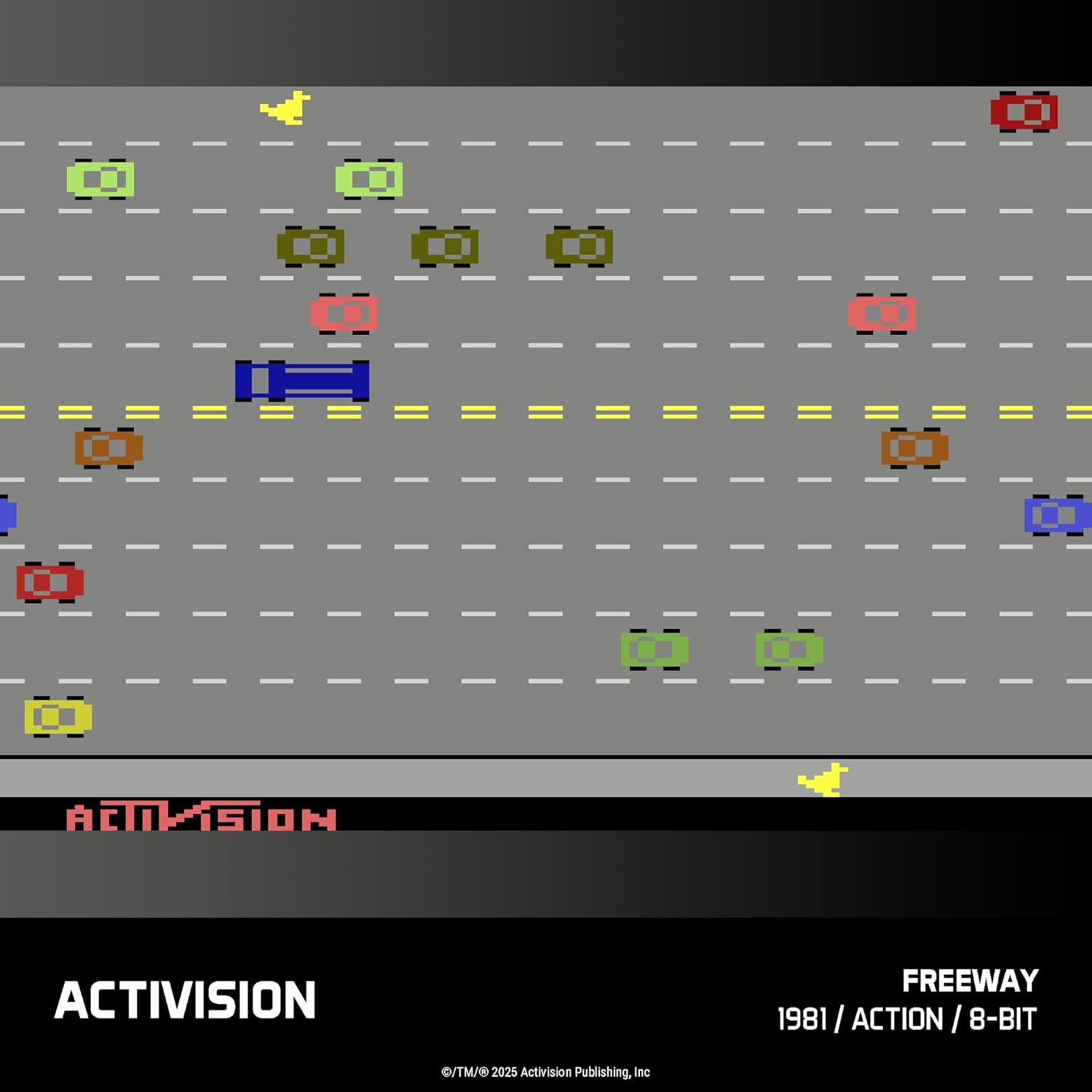 Capture d'écran du jeu Freeway 8 bits avec des voitures pixélisées sur une route grise. Lignes jaunes et blanches, logo Activision.