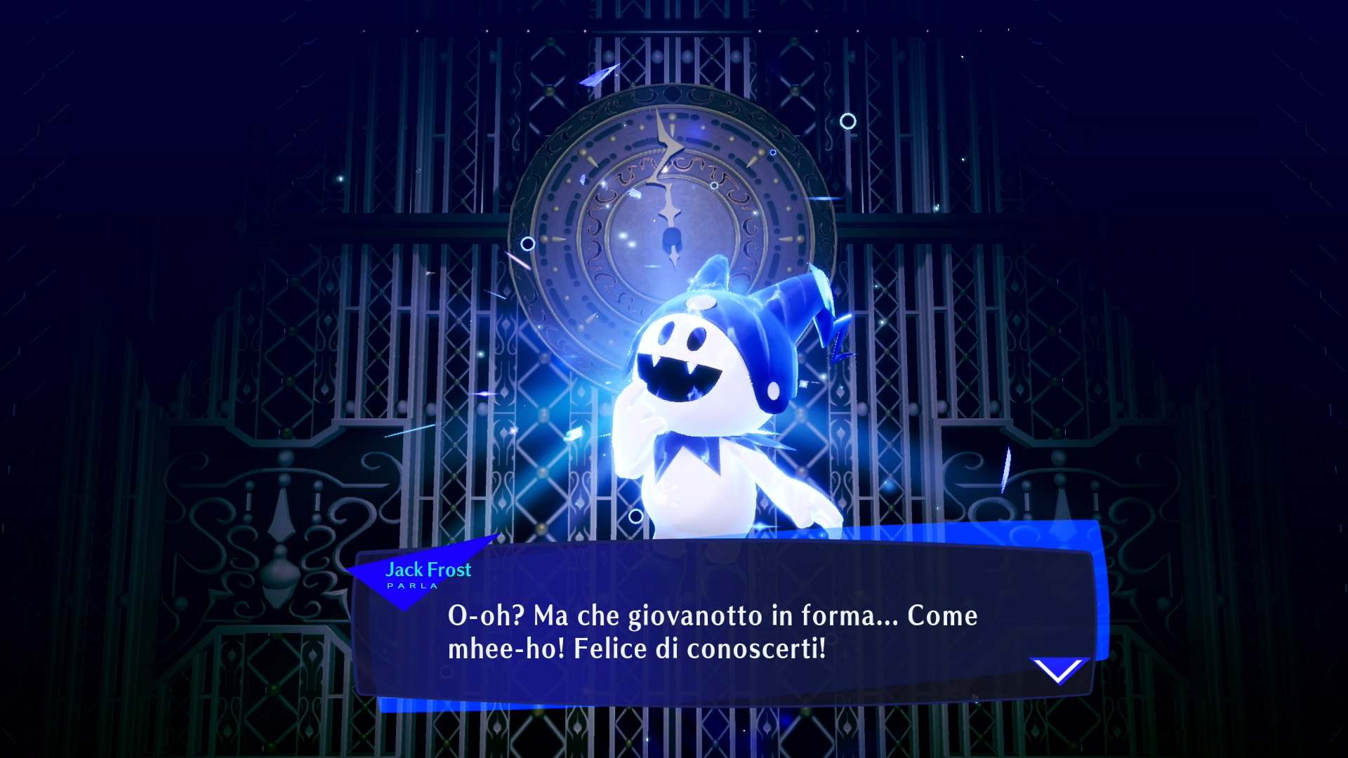 Un personnage bleu de Jack Frost avec un fond d'horloge, parlant en italien. La bulle de texte dit 'Heureux de vous rencontrer'.