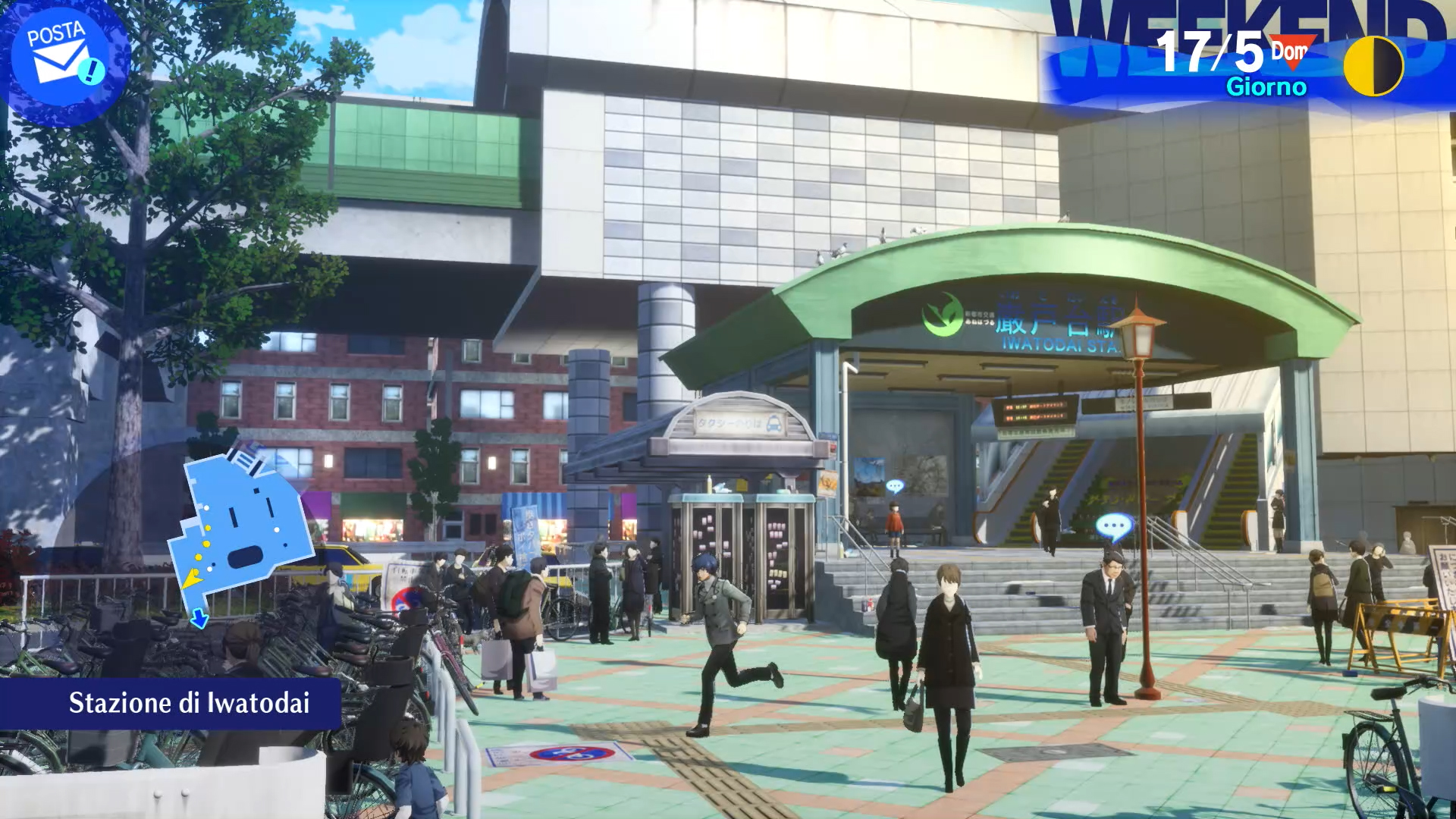 Gare japonaise avec des gens, un homme courant, des vélos et un ciel bleu. La gare est étiquetée 'Iwatodai'.