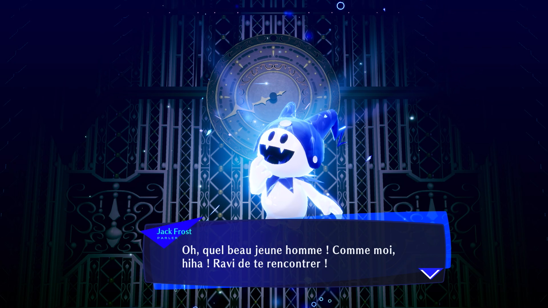 Un personnage bleu et blanc de Jack Frost parle devant une structure en forme d'horloge. La bulle de texte dit : Oh, quel beau jeune homme !