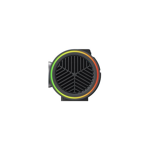 Un dispositivo circular negro con un diseño similar a un ventilador en el centro. Tiene un anillo colorido y brillante alrededor del borde.