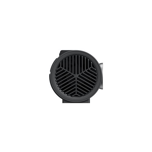 Un dispositivo cilíndrico negro con una rejilla en forma de ventilador, centrado sobre un fondo blanco. El dispositivo tiene un acabado oscuro y mate.