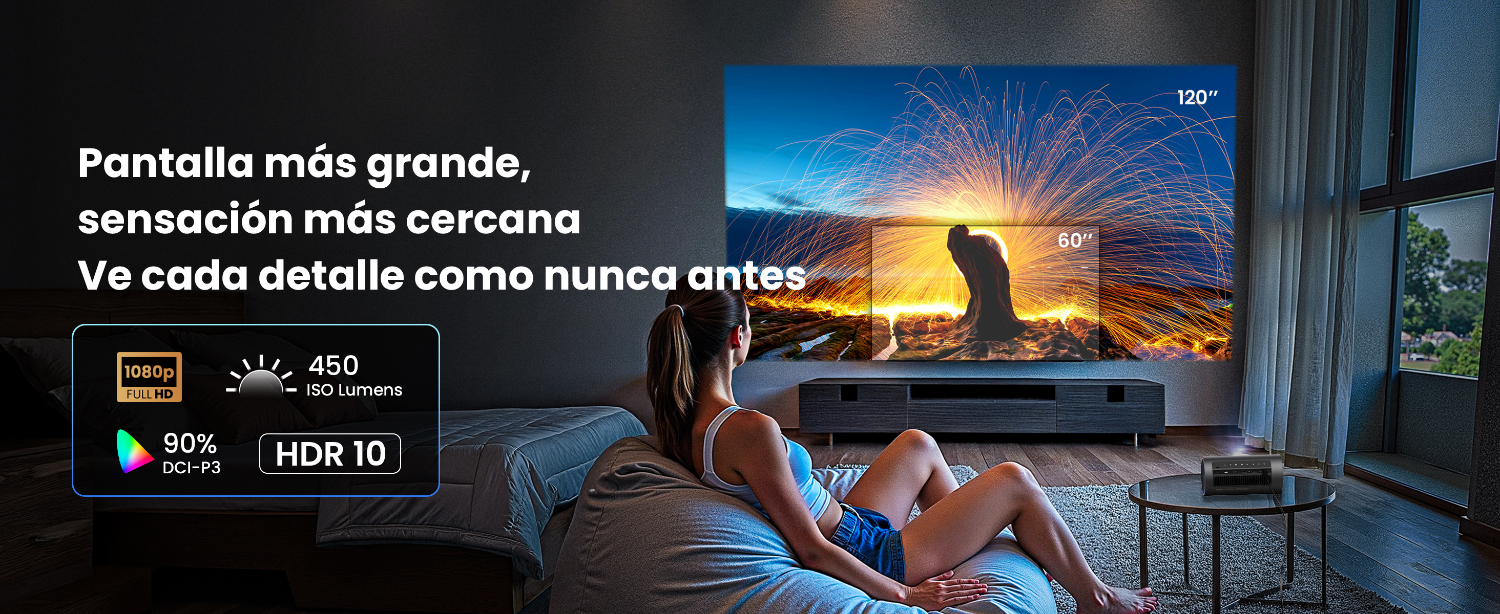 Mujer mirando una TV grande con una escena de fuego. Características incluyen 1080p, HDR 10 y 450 lúmenes ISO.
