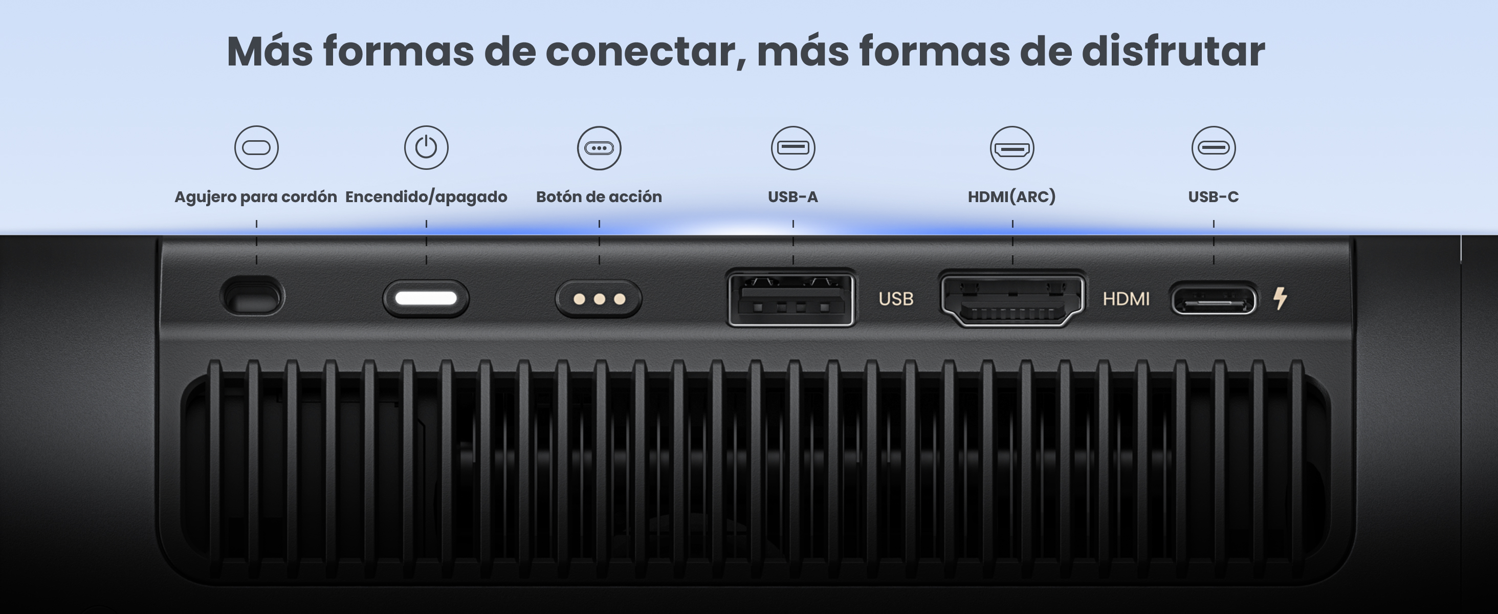 Dispositivo negro con varios puertos: alimentación, botón, USB, HDMI y USB-C. El texto superior dice: Más formas de conectar, más formas de disfrutar.