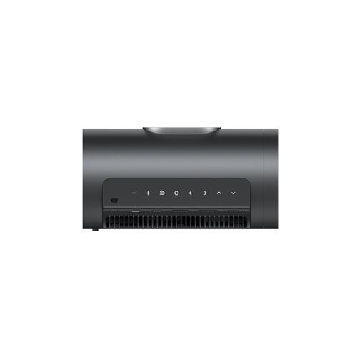 Un proyector gris oscuro con botones y una rejilla de altavoz. Los botones incluyen volumen, navegación y encendido/apagado.