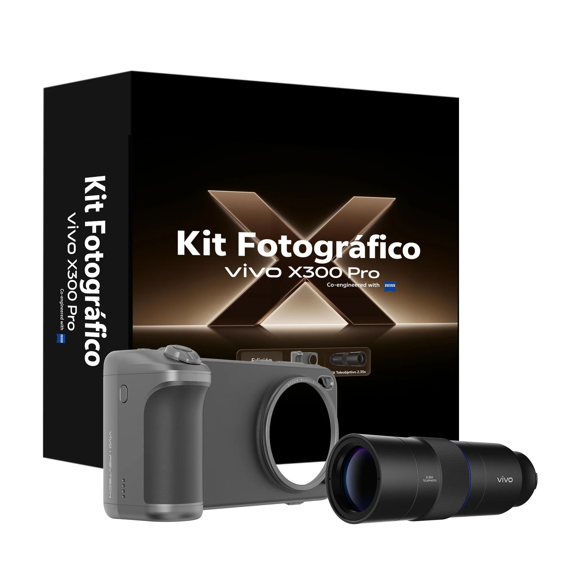 Un kit de fotografía con cámara, lente y empuñadura. La caja dice 'Kit Fotográfico vivo X300 Pro'. Los artículos son grises y negros.
