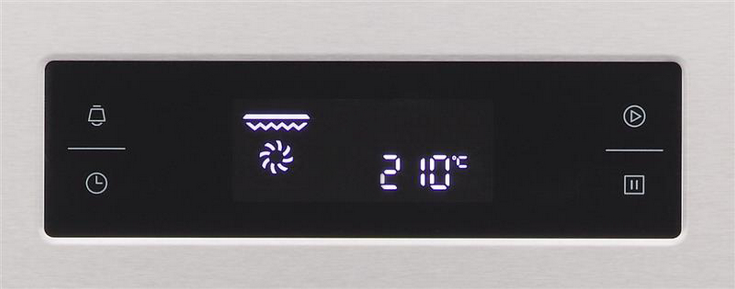 Panel de control del horno con símbolos de funciones y visualización de temperatura. La temperatura es de 210 grados.