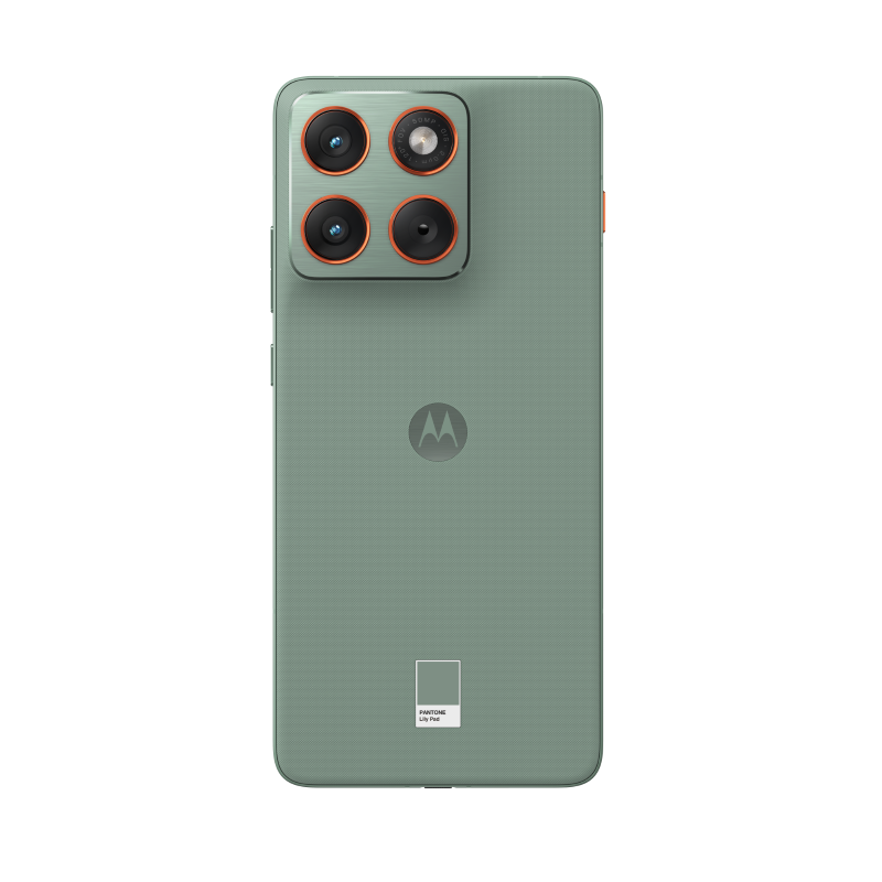 Zielony telefon Motorola. Cztery obiektywy z pomarańczowymi pierścieniami. Logo Motorola. Kolor Pantone Lily Pad wskazany.
