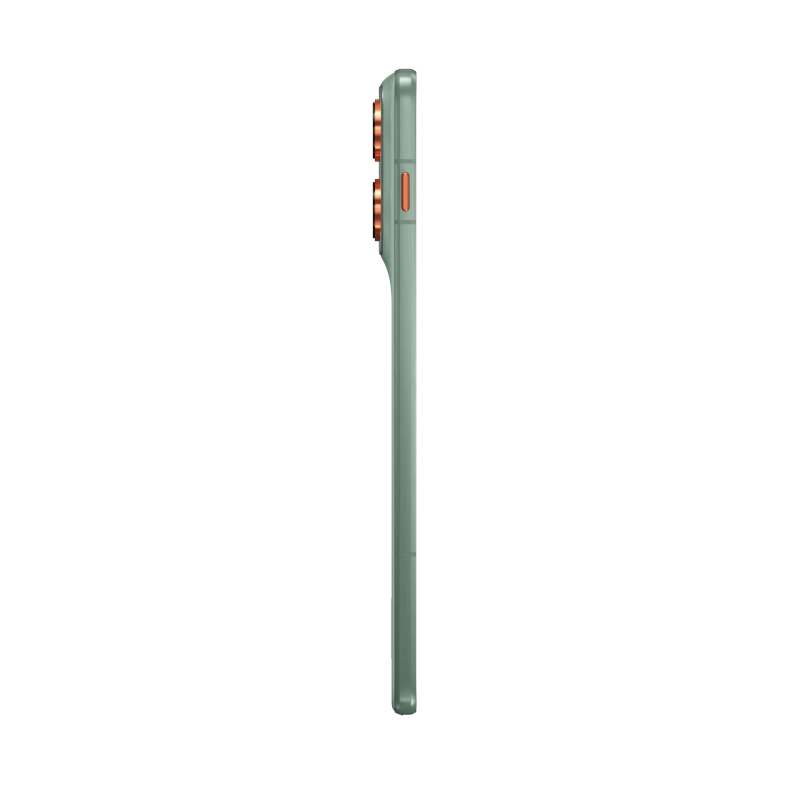 Widok z boku miętowo-zielonego smartfona z miedzianymi obiektywami aparatu na czarnym tle.