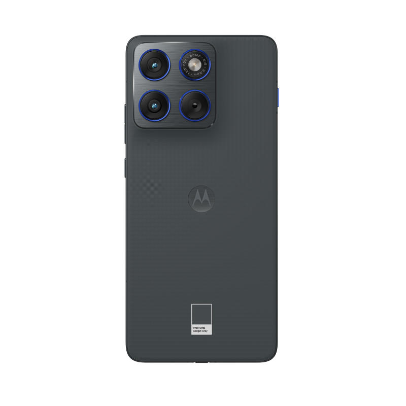 Tył szarego telefonu Motorola. Posiada cztery obiektywy, logo Motorola i próbkę koloru Pantone.