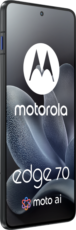Telefon Motorola Edge 70. Czarna ramka, ekran wyświetla logo Motorola, tekst Edge 70 i logo moto ai na szarym tle.