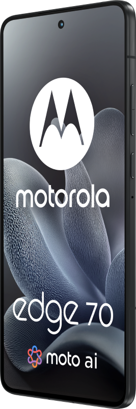 Smartfon Motorola Edge 70. Wyświetlacz pokazuje logo Motorola, model telefonu i logo 'moto ai'. Czarny telefon.