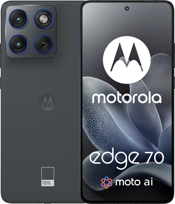 Ciemnoszary telefon Motorola Edge 70. Ekran wyświetla logo Motorola i 'edge 70'. Z tyłu znajdują się aparaty i etykieta koloru Pantone.