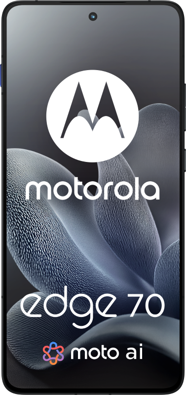 Ekran telefonu Motorola Edge 70 z logo Motorola i szarym, falistym tłem. Telefon ma czarną ramkę.