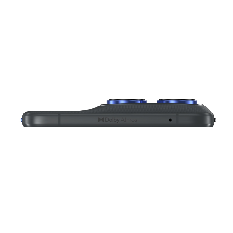 Widok z boku ciemnoszarego smartfona z dwoma niebieskimi obiektywami aparatu. Widoczne logo Dolby Atmos.