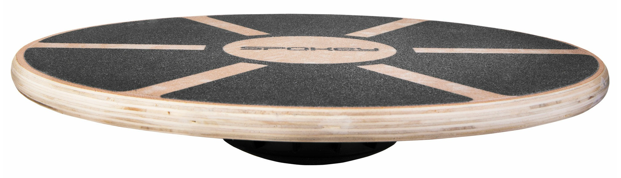 Drewniana deska do balansowania z czarnym, teksturowanym blatem. Ma zaokrąglony kształt, z czarną podstawą.