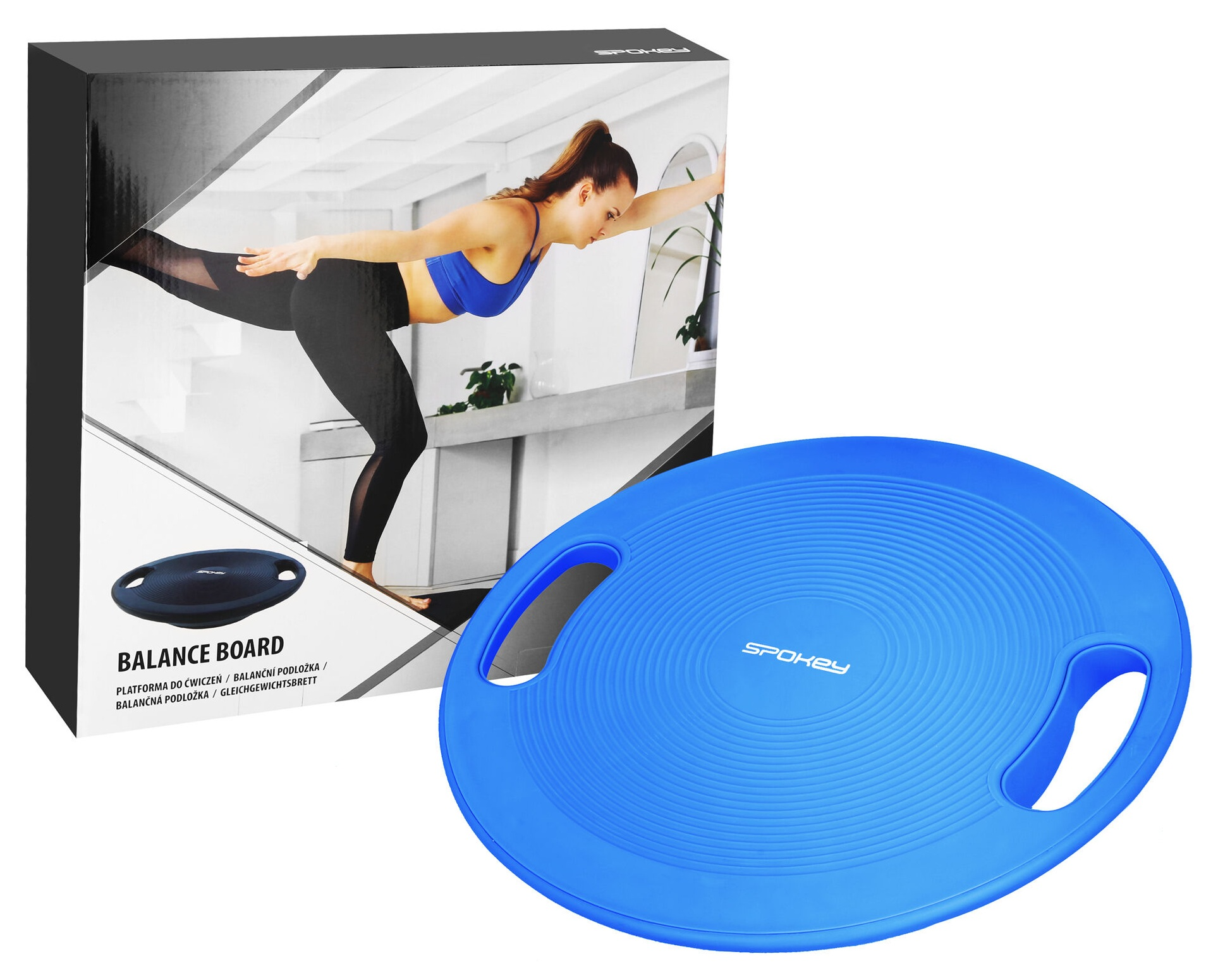 Niebieska deska do balansowania z uchwytami. Pudełko pokazuje ćwiczącą kobietę. Marka to Spokey.