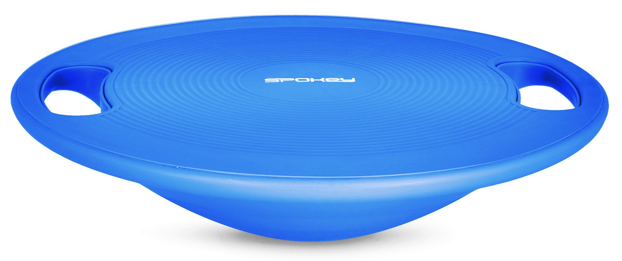 Niebieska deska do balansowania z uchwytami. Widoczna marka "Spokey". Ma okrągły kształt i teksturowaną powierzchnię.