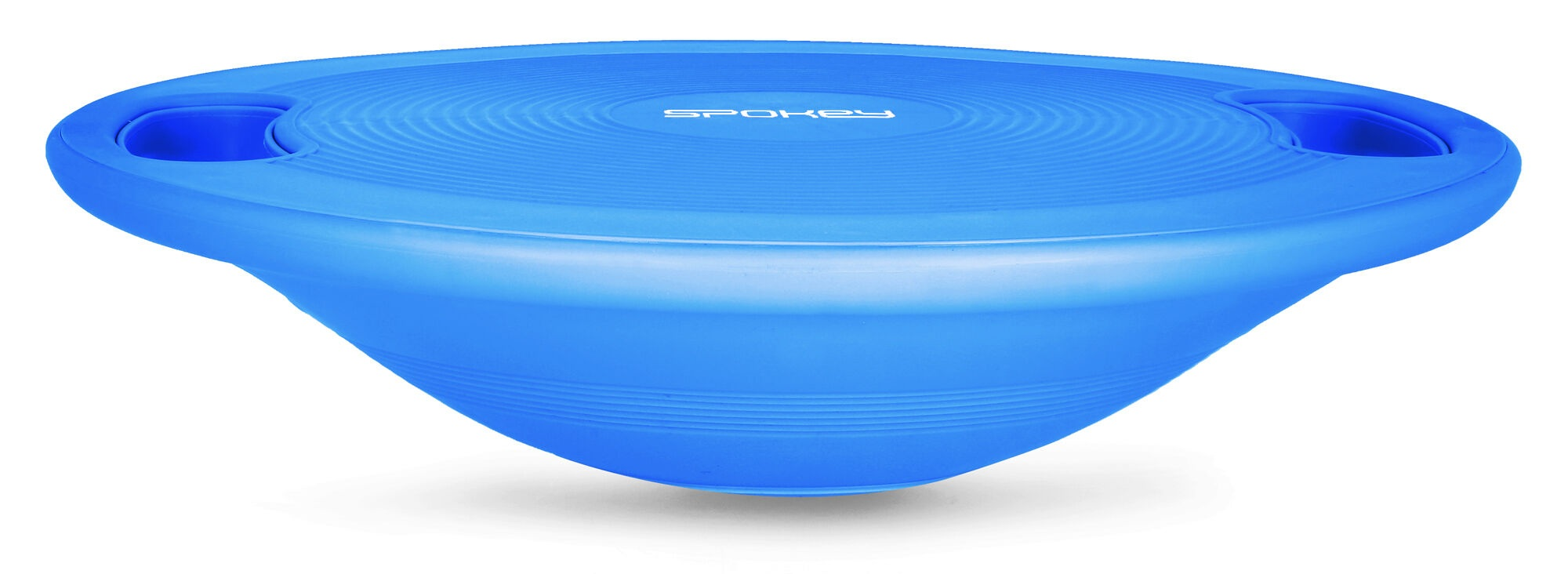 Niebieska deska do balansowania z logo Spokey. Ma zaokrągloną podstawę i płaski, teksturowany wierzch z dwoma uchwytami.