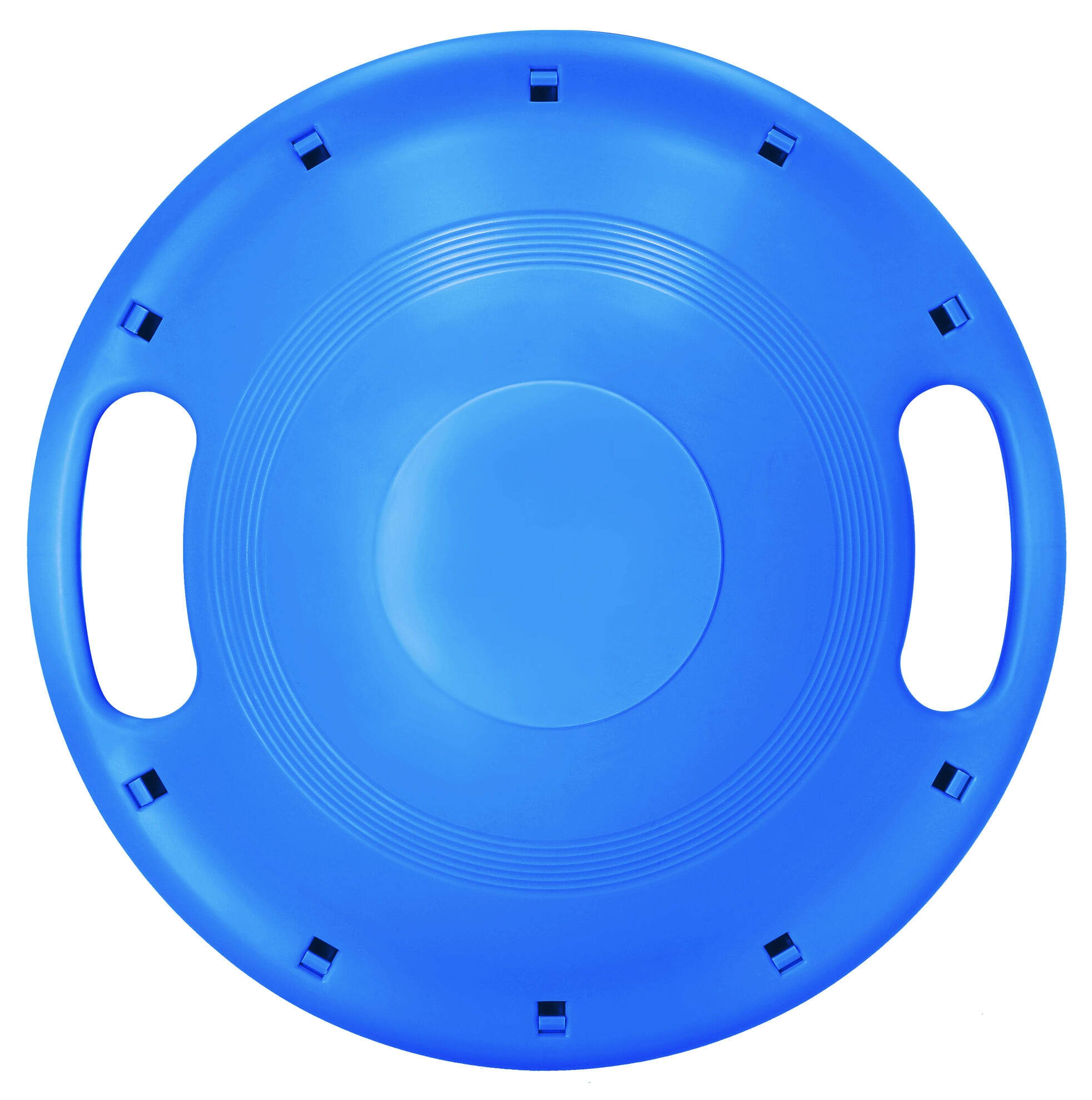 Niebieski plastikowy dysk z uchwytami, dużym centralnym okręgiem i mniejszymi prostokątnymi otworami na krawędzi.