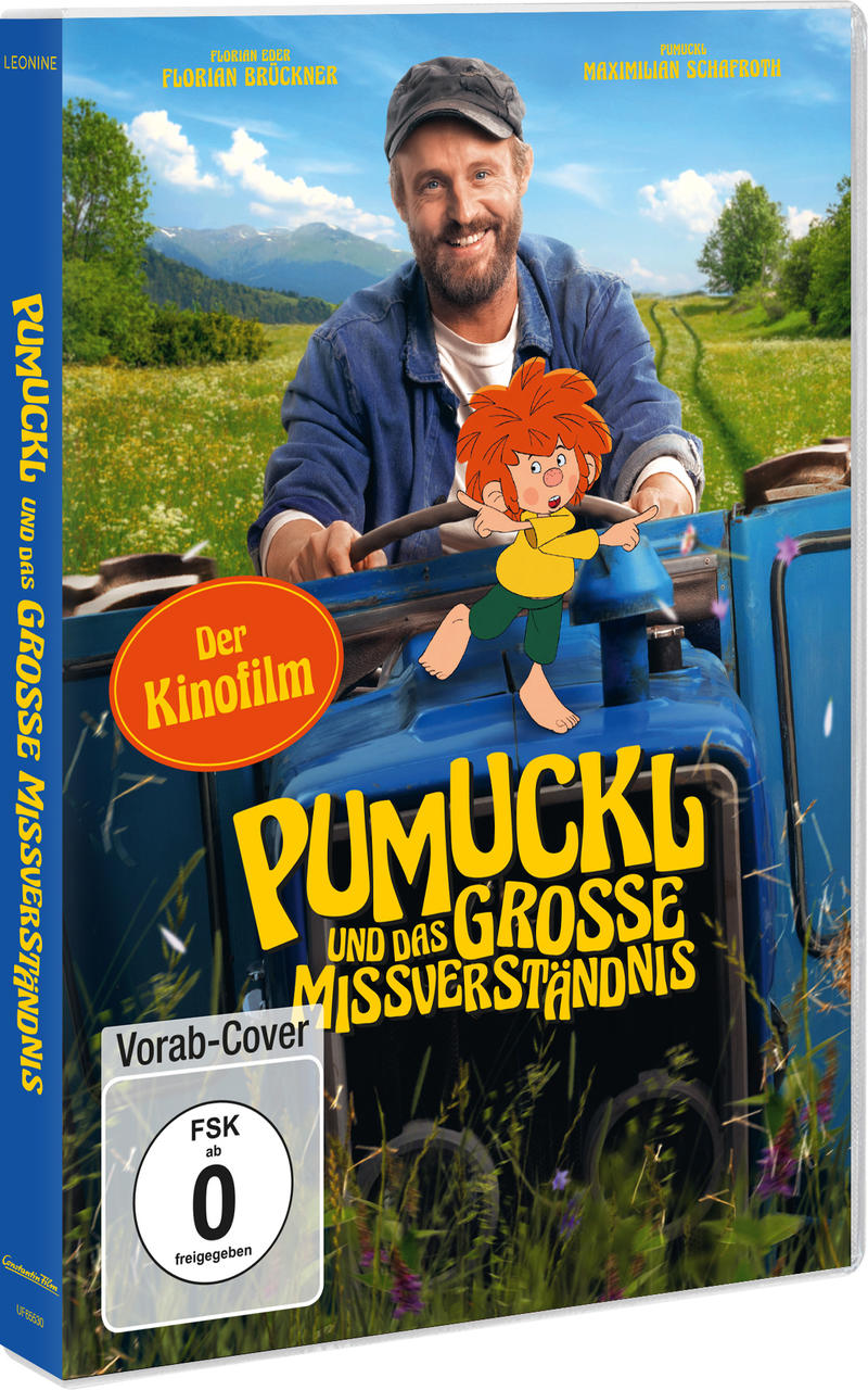 DVD-Cover: Mann mit Pumuckl-Cartoonfigur auf blauem Traktor, Titel 'Pumuckl und das große Missverständnis'.