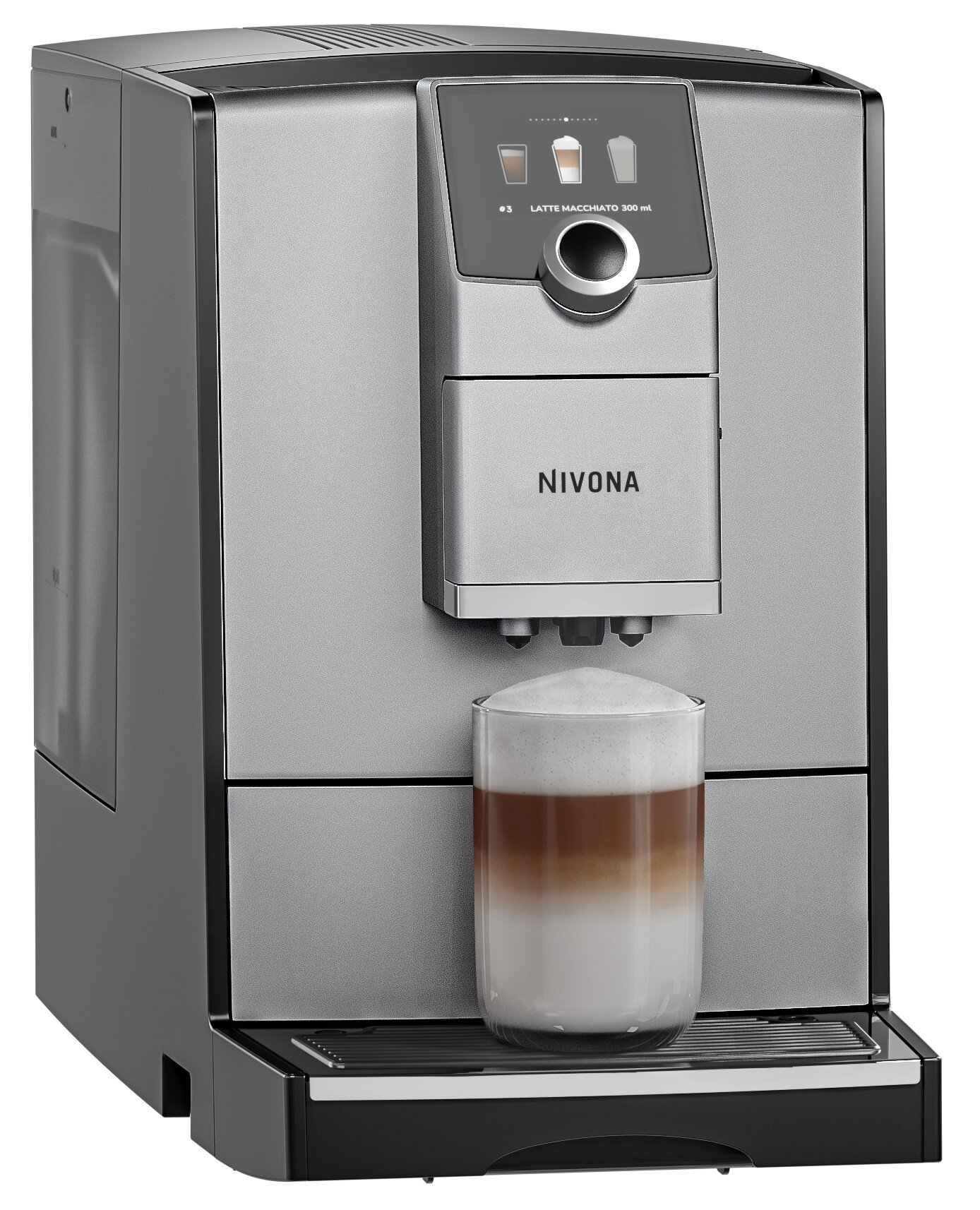 Srebrno-czarny ekspres do kawy Nivona ze szklanką warstwowego latte macchiato. Ekspres posiada wyświetlacz cyfrowy i pokrętło.