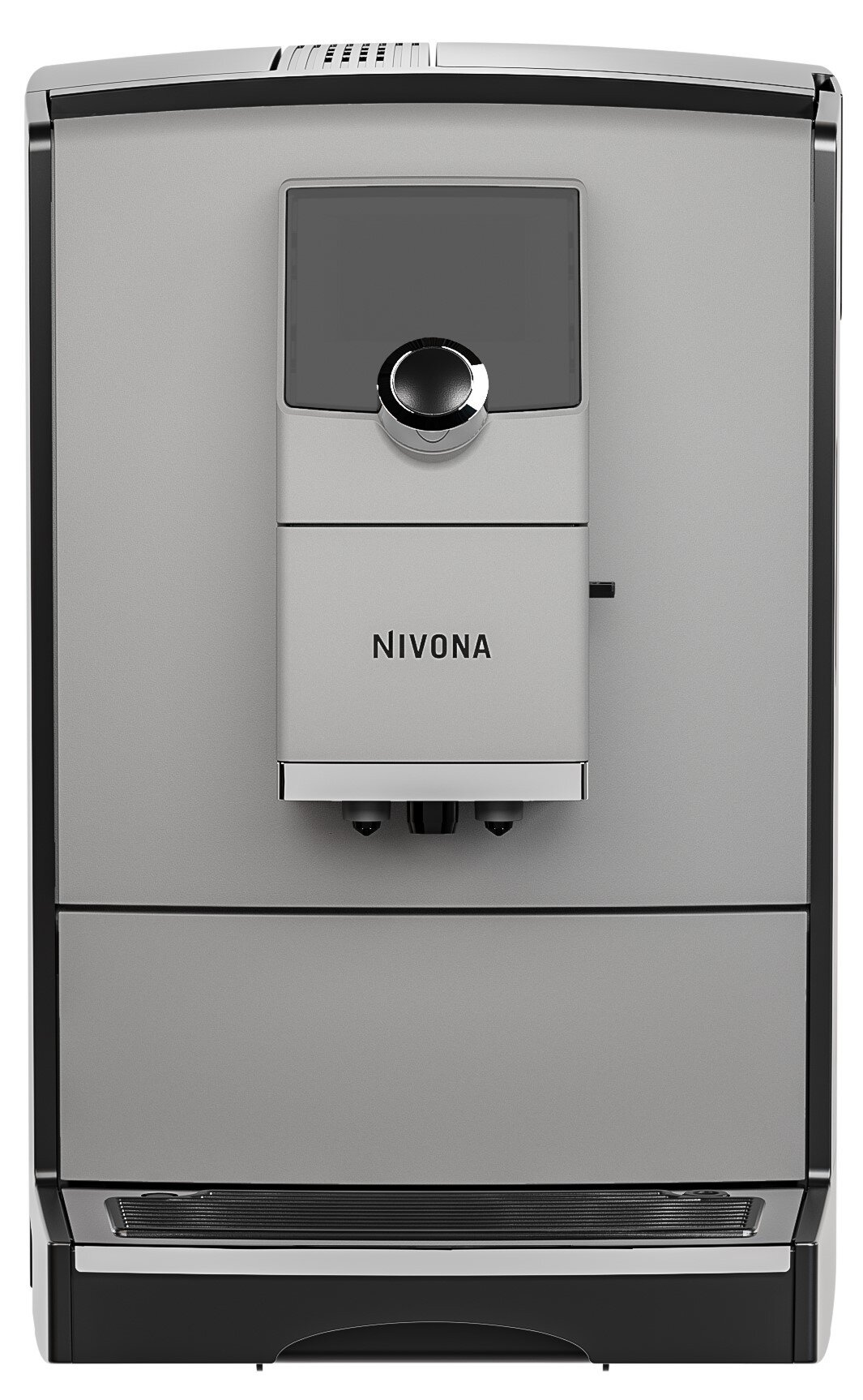 Srebrno-czarny ekspres do kawy Nivona. Posiada centralny panel, pokrętło i dwa wyloty. Widoczna nazwa marki.