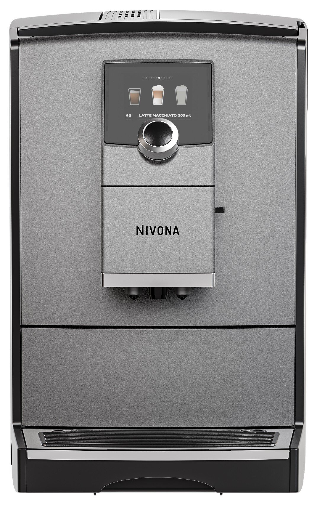 Srebrno-czarny ekspres do kawy Nivona. Posiada wyświetlacz z opcjami kawy. Wybrano latte macchiato.