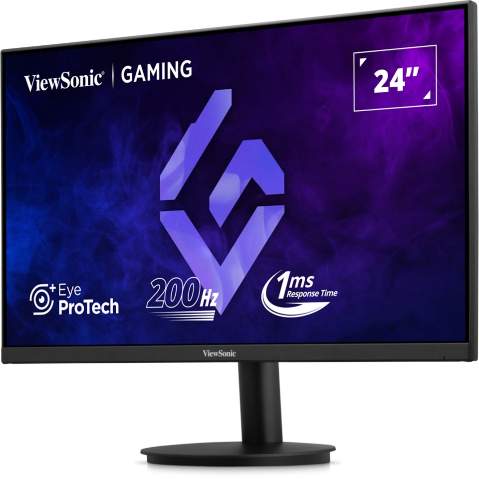24 inç ViewSonic oyun monitörü. 200Hz, 1ms tepki süresi ve Eye ProTech özelliklerine sahiptir. Ekran mor-mavi bir gradyana sahiptir.