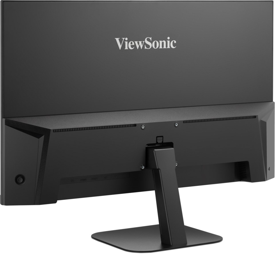 Siyah bir ViewSonic monitörün arkası. Stand monitöre bağlıdır. Ekran üzerinde bağlantı noktaları ve ViewSonic logosu bulunmaktadır.