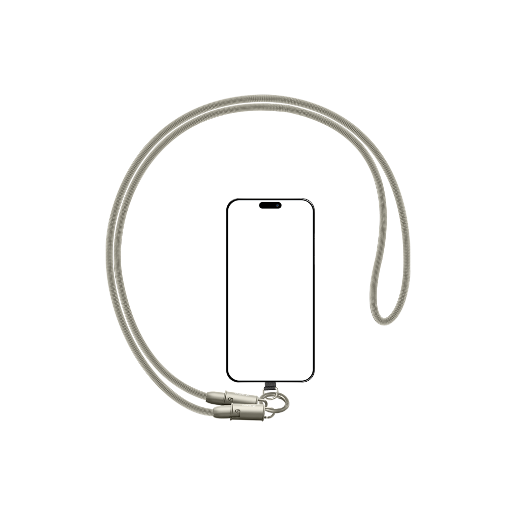 Beyaz ekranlı bir akıllı telefon gri bir kordonla tutuluyor. Kordonun altında gümüş renkli tokalar var.