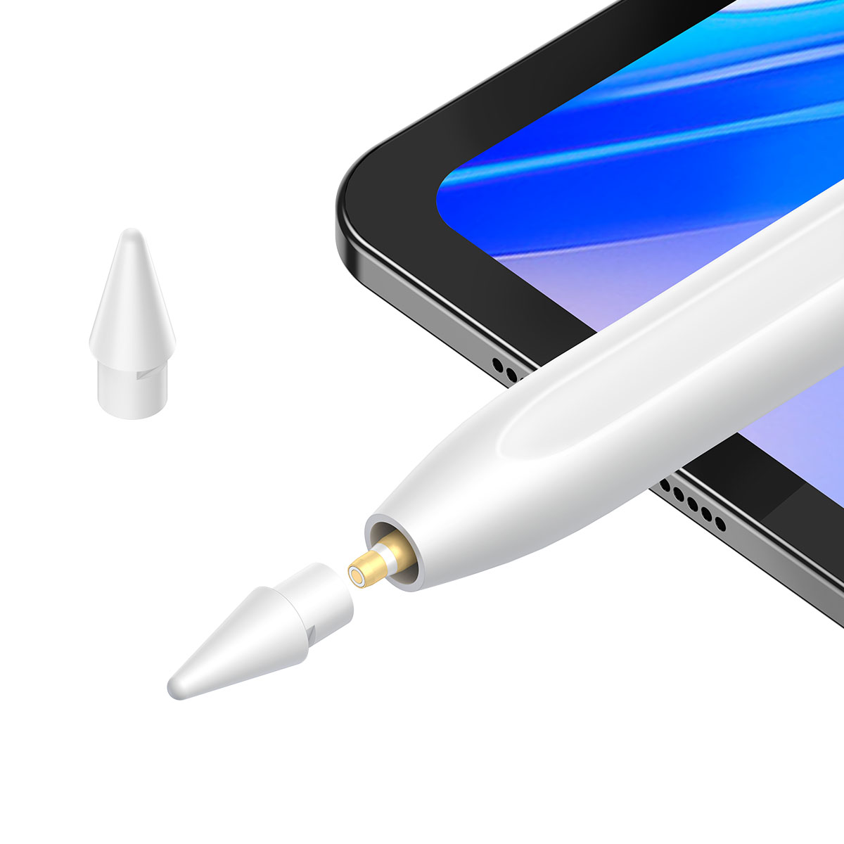 Ekstra ucu ve tablet ile beyaz bir kalem. Kalem ucu çıkarılmış, altın iç kısmı gösteriyor. Tablet siyah.