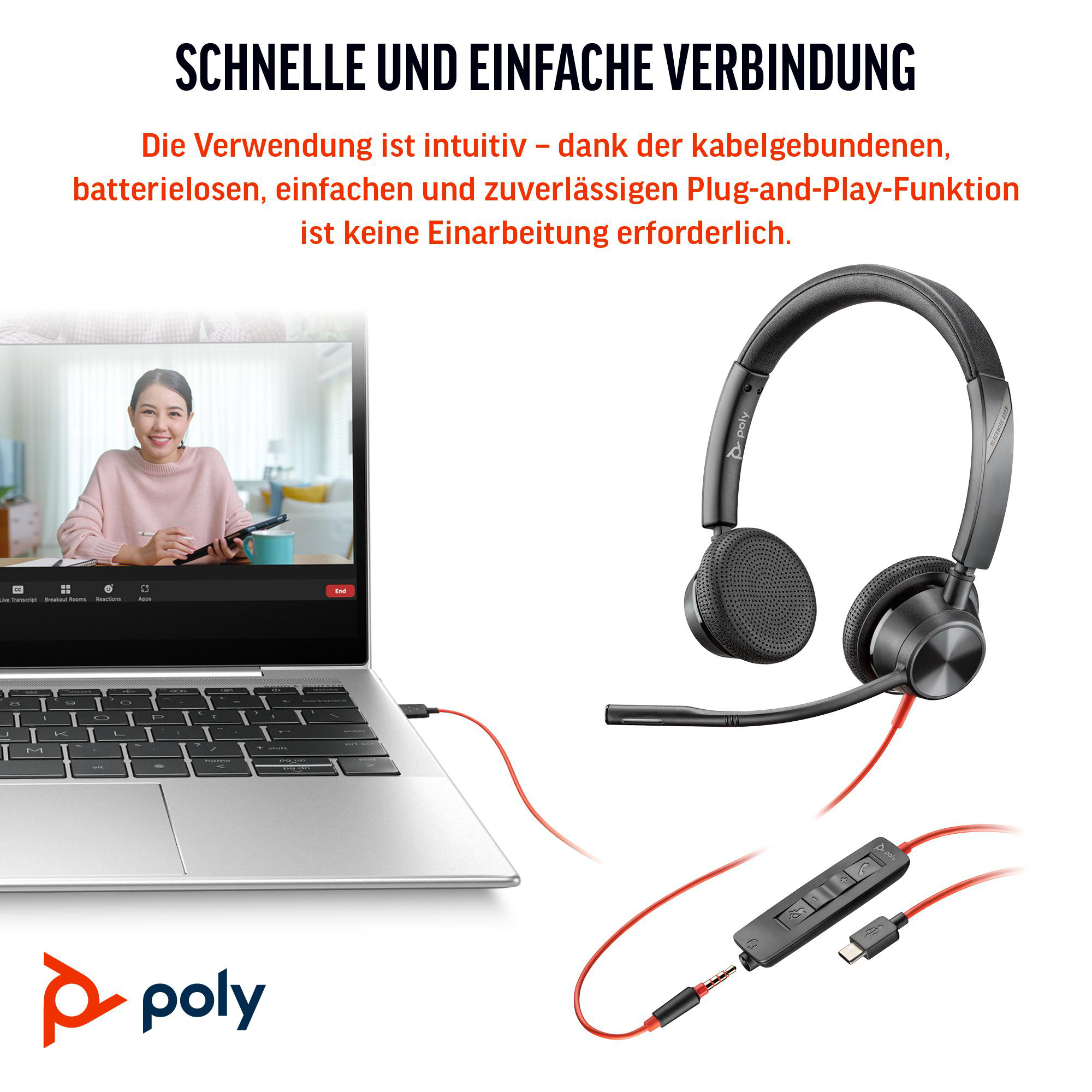 Laptop mit Videoanruf, Headset und Steuermodul. Text: Schnelle und einfache Verbindung.