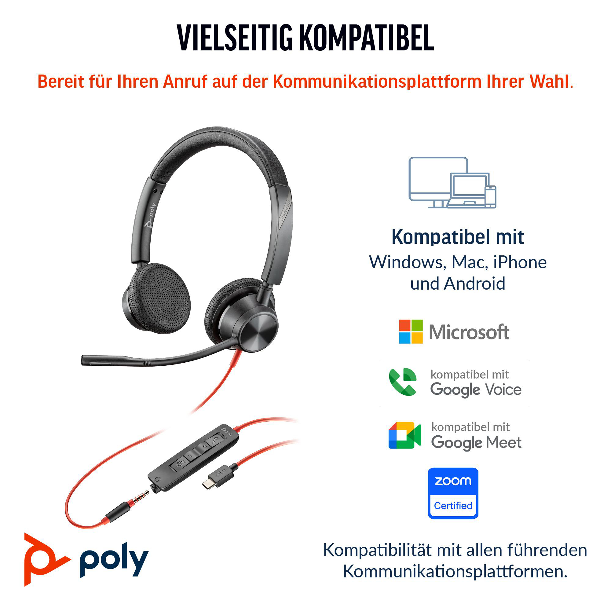 Ein schwarzes Headset mit rotem Kabel, verbunden mit einer Steuereinheit. Logos: Poly, Microsoft, Google Voice und Google Meet.
