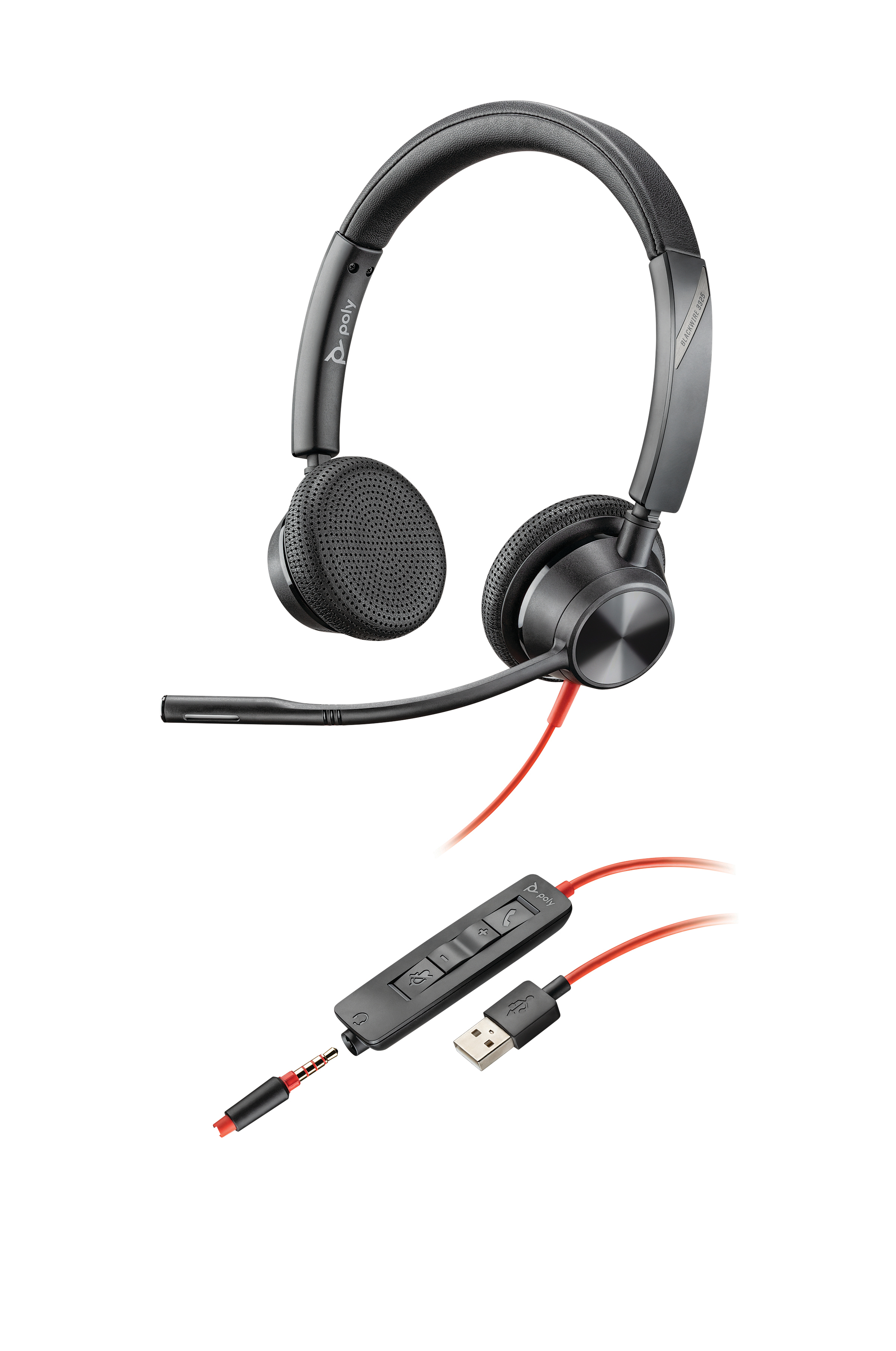 Schwarzes Poly-Headset mit rotem Kabel und Steuertasten. Inklusive USB- und Klinkenanschluss.