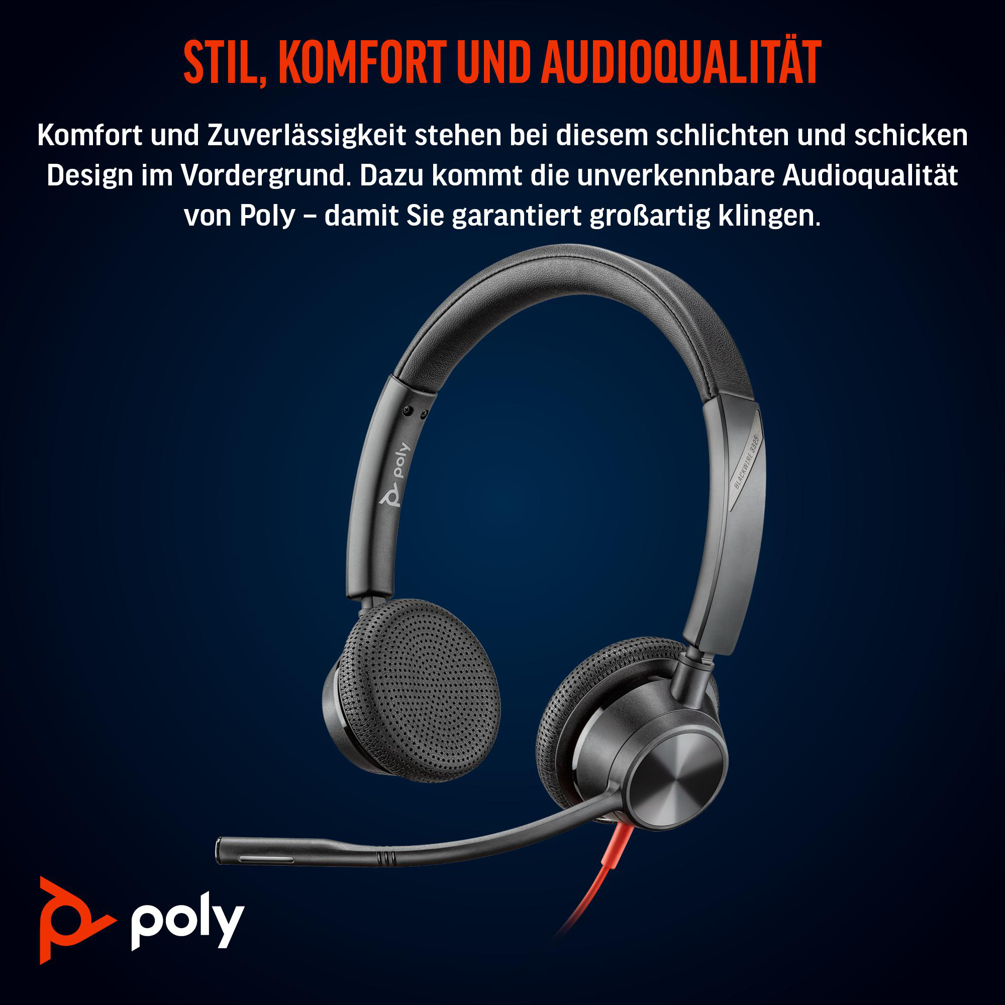 Schwarzes und graues Headset mit Mikrofon auf blauem Hintergrund. Poly-Logo unten. Text oben.