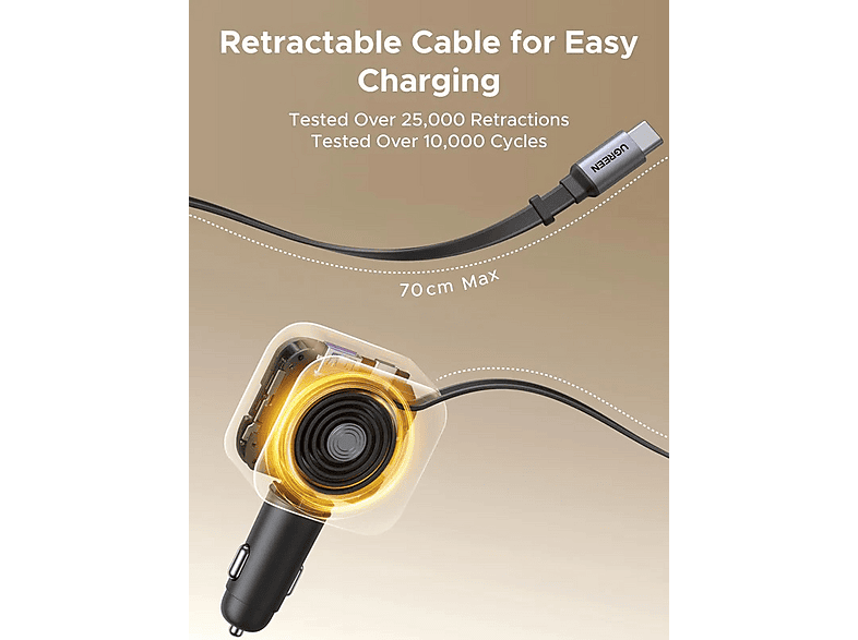 Thumbnail - UGREEN 90 Watt Autoladegerät mit ausziehbarem USB-C-Kabel, Ladegerät Grau