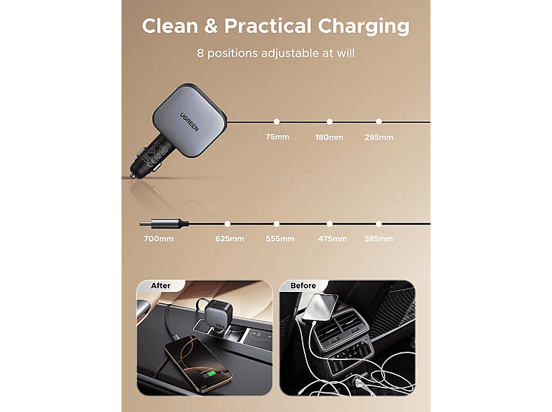 Thumbnail - UGREEN 90 Watt Autoladegerät mit ausziehbarem USB-C-Kabel, Ladegerät Grau