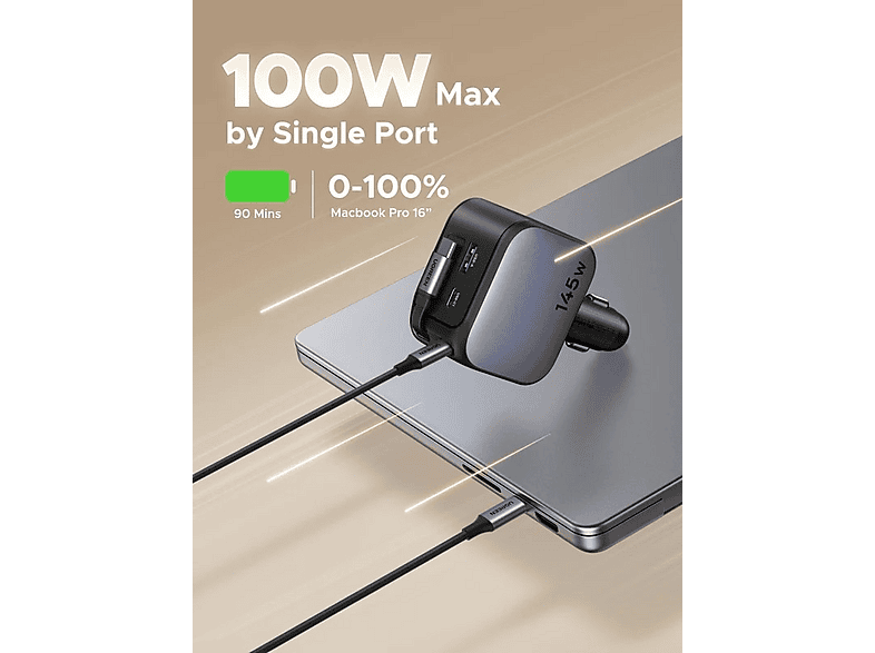 Thumbnail - UGREEN 145 Watt Autoladegerät mit ausziehbarem USB-C-Kabel, Ladegerät Grau