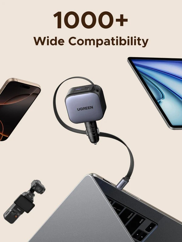 Das Bild zeigt ein Ladegerät, das mit einem Laptop, Telefon und Tablet verbunden ist, mit dem Text '1000+ Wide Compatibility'.