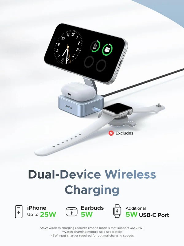 Kabellose Ladestation mit iPhone, AirPods und Apple Watch. Verfügt über Dual-Device-Laden. Enthält USB-C-Anschluss. Ohne Uhrenlademodul.