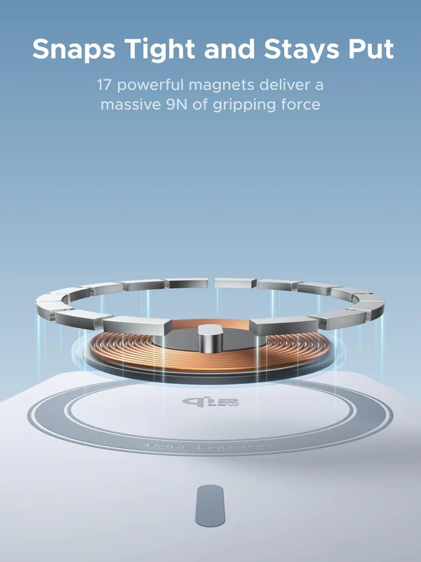 Ein kabelloses Ladegerät mit Magnetring, Kupferspulen und weißer Basis. Der Text besagt, dass es 17 Magnete für einen starken Halt hat.