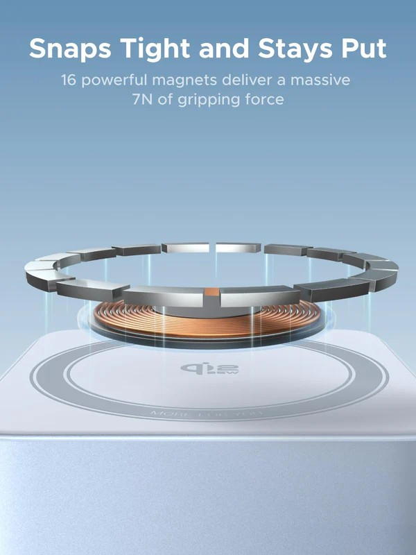 Das Bild zeigt ein kabelloses Ladegerät mit Magneten. Es hat einen Magnetring über einer Kupferspule auf einer weißen Oberfläche.