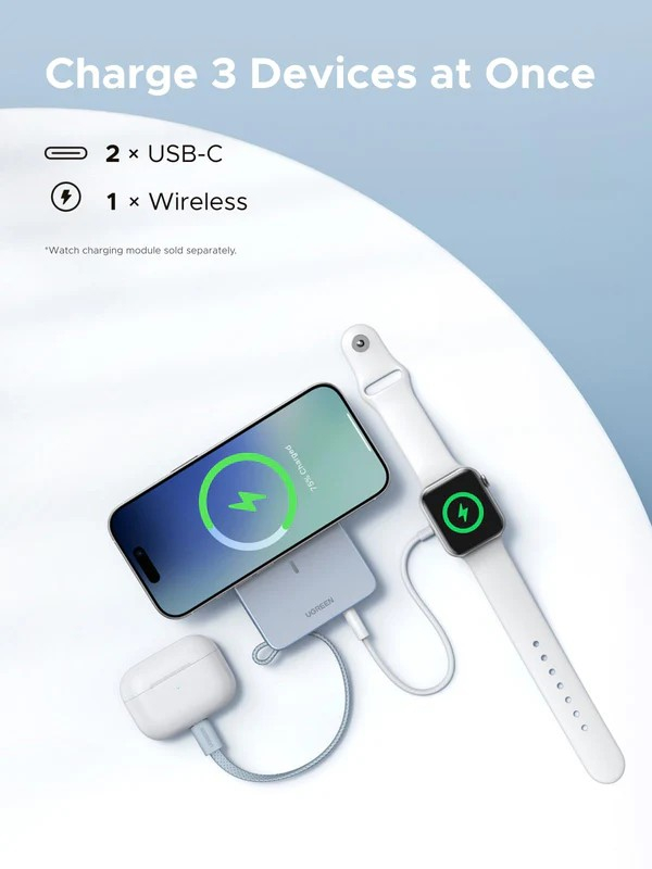 Ein Telefon, eine Uhr und Ohrhörer werden auf einer weißen Oberfläche aufgeladen. Telefon und Uhr zeigen Ladesymbole. Das Ladegerät ist von UGREEN.