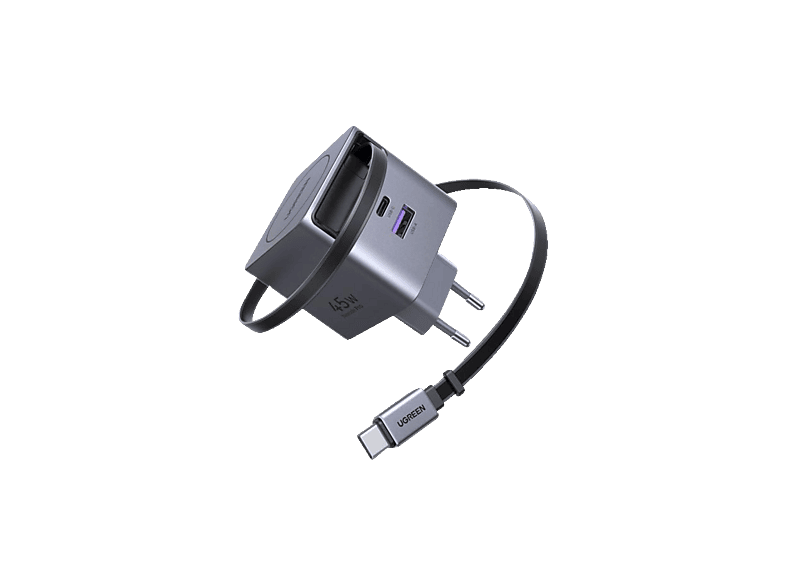 UGREEN 45 Watt GaN Fast Charger mit einziehbarem Kabel, Ladegerät Universal, Grau