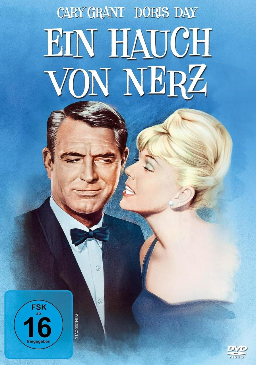 Filmposter mit Cary Grant und Doris Day. Eine Frau flüstert einem Mann etwas zu. Blauer Hintergrund mit deutschem Titel: Ein Hauch von Nerz.