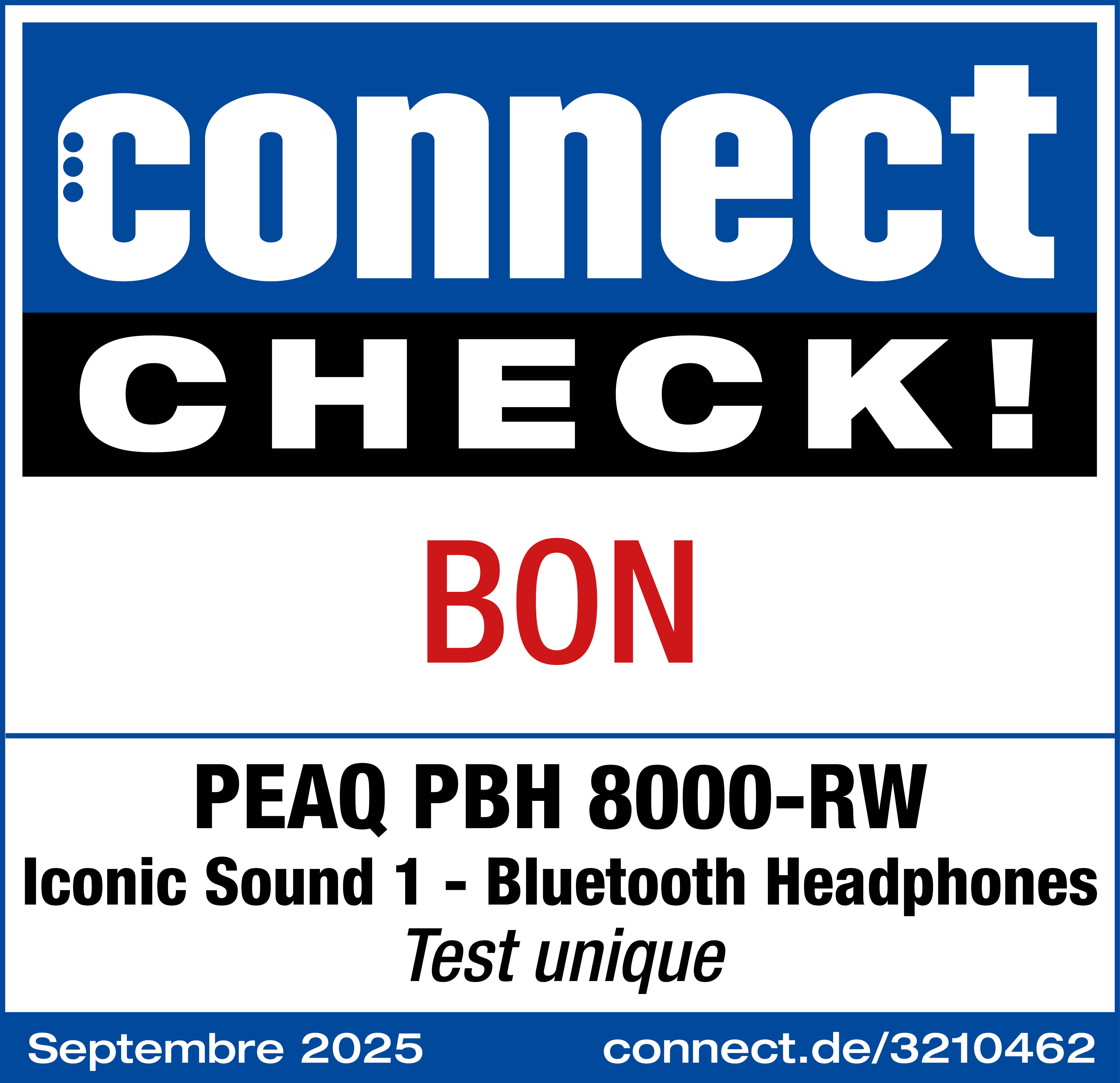 Poster con 'connect CHECK!' e 'BON', dettagli cuffie e informazioni di contatto.