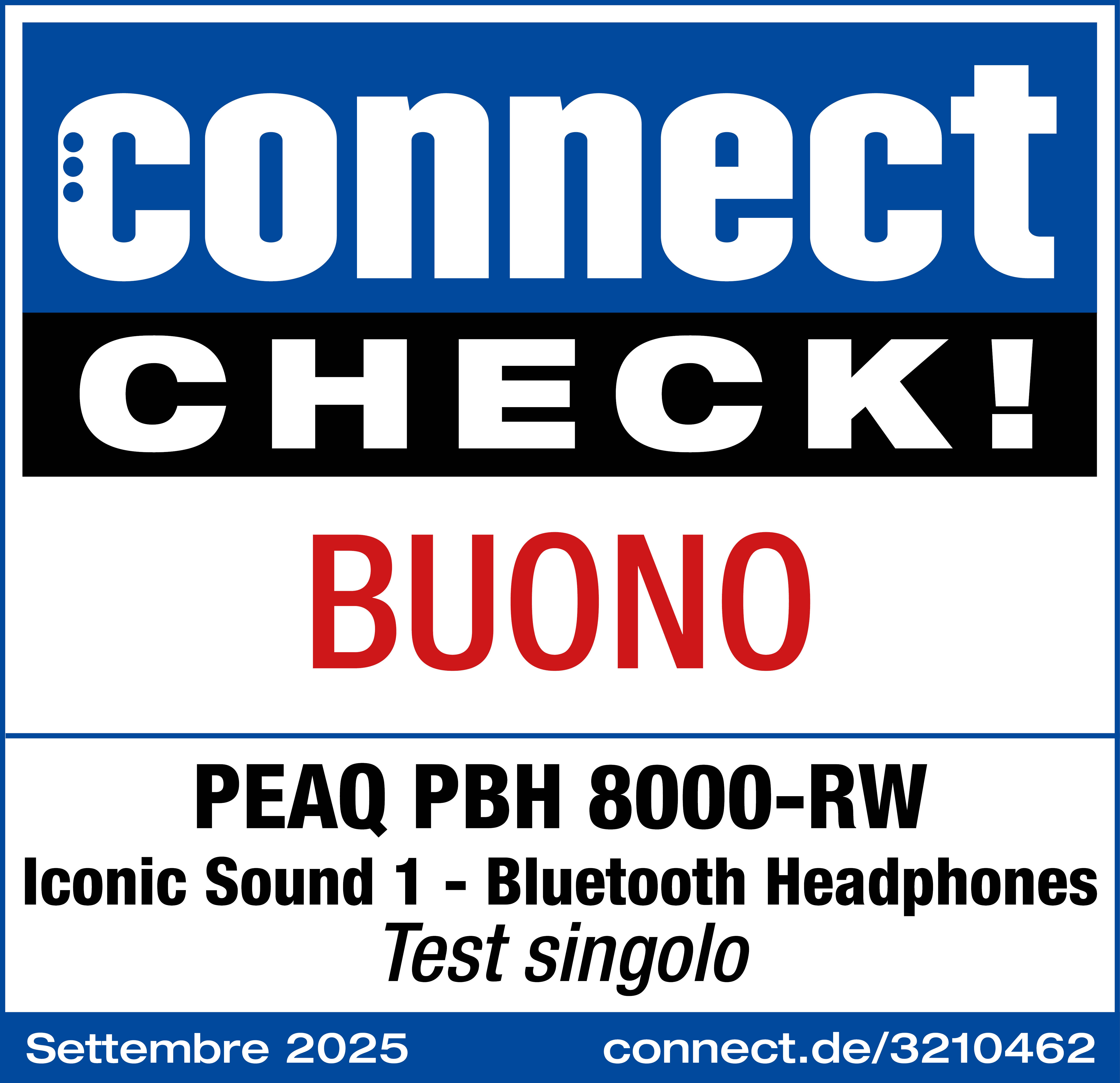 L'immagine è un annuncio basato su testo. Include le parole 'connect', 'CHECK!', 'BUONO' e i dettagli del prodotto per le cuffie.